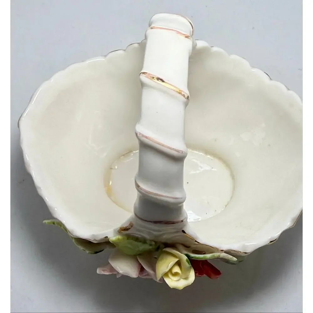 Vintage ARDCO Taiwan Porcelain Flower Basket Applied Roses Gold Trim 5 Inch